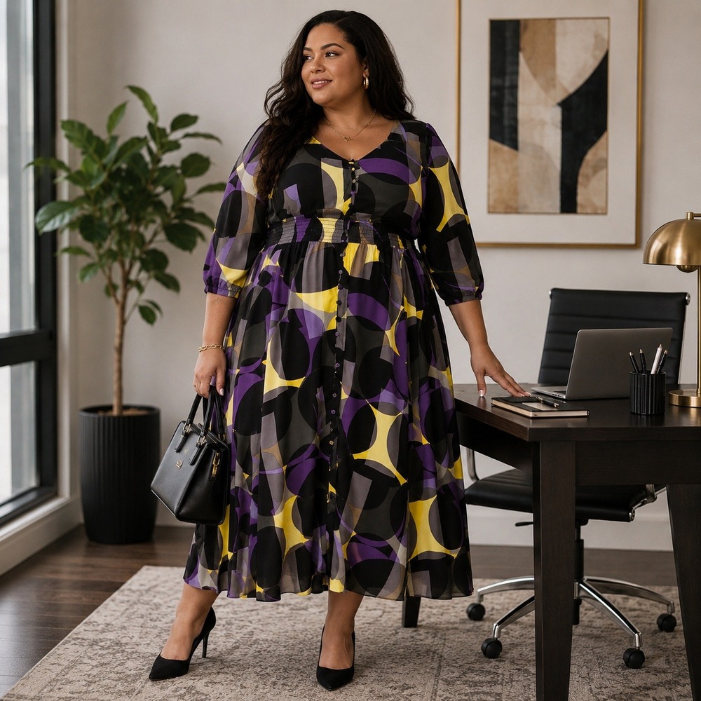 New City Chic Geometric Print Midi Dress Plus Size 20 Purple Yellow Retro Mod